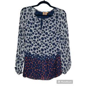 Tory Burch Womens Blouse Blue Floral Long Sleeve Button Cuff Keyhole Neck Top 2